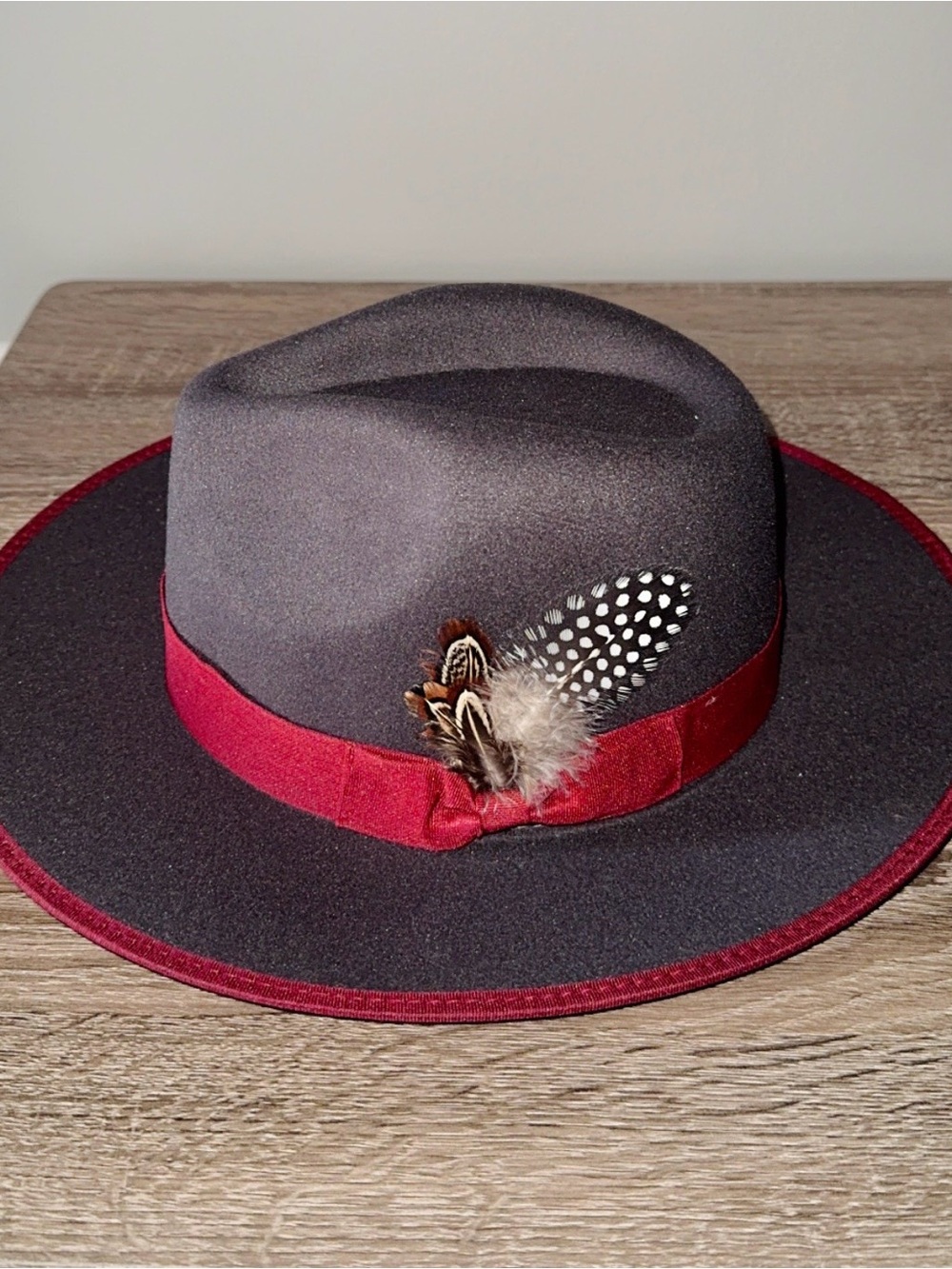 Classic Grey Fedora with Burgundy Band and Feather